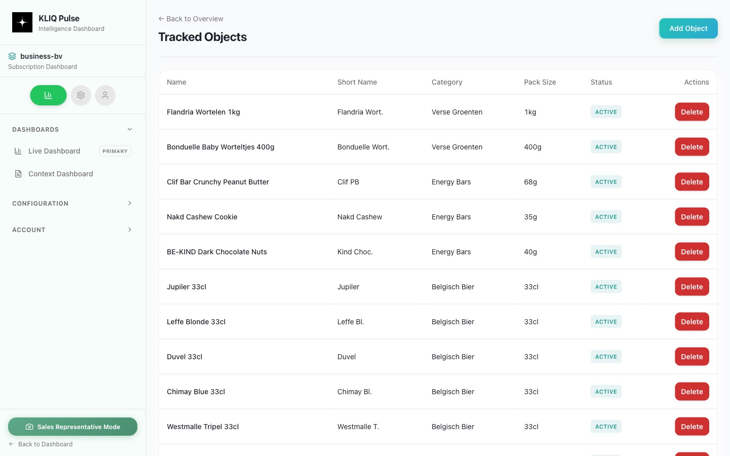 Tracked objects and SKU list